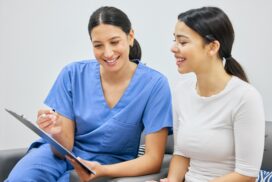 woman nurse practicing healthcare compliance with a clipboard and a happy patient woman